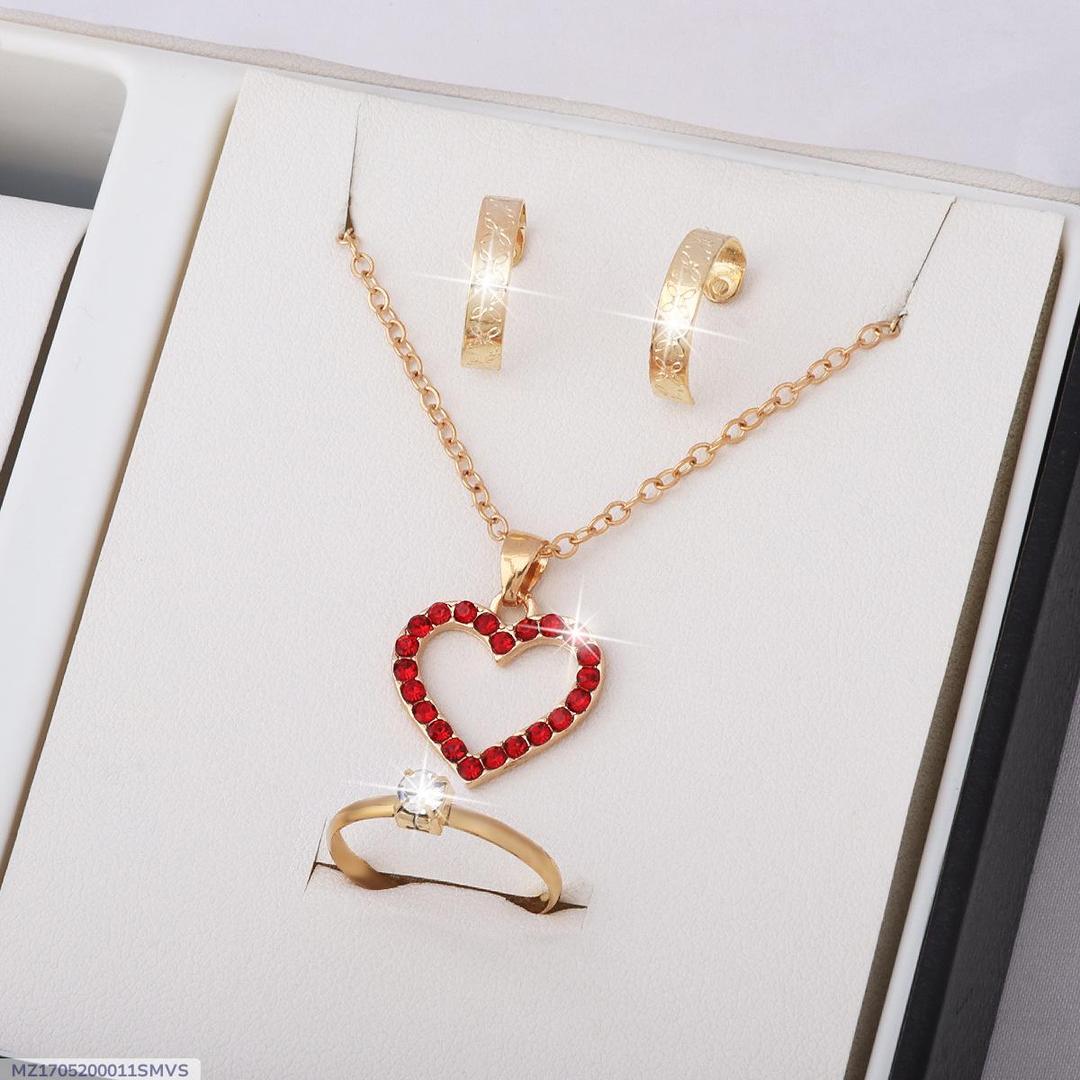 Red Stone Heart Jewelry Set Necklace Ring Earrings Set
