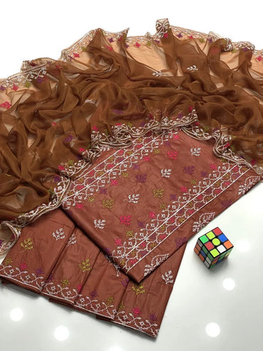 Brown Chikankari Lawn 3Pcs Embroidered Set