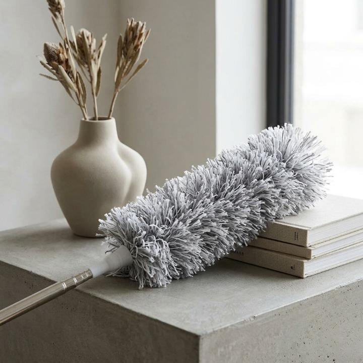 Microfiber Gray Fan Duster – Extendable Stainless Steel Long Pole & Bendable Washable Cleaning Brush