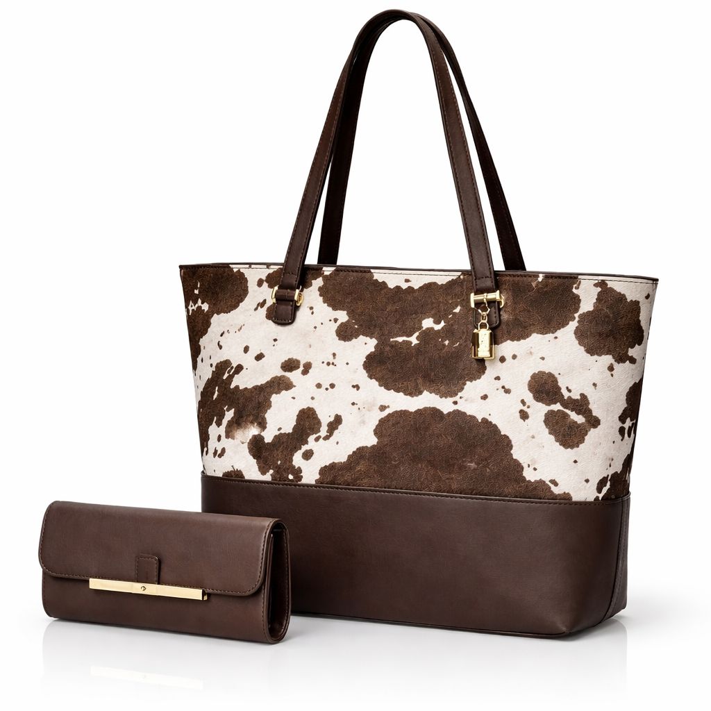 2 Pcs Premium Cow Print Tote Bag Set for Women – Black