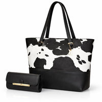 2 Pcs Premium Cow Print Tote Bag Set for Women – Black