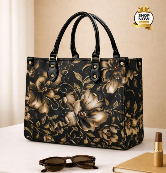 Premium Floral Print Tote Bag – Elegant Handcrafted Shoulder Bag with Top Handles - Black