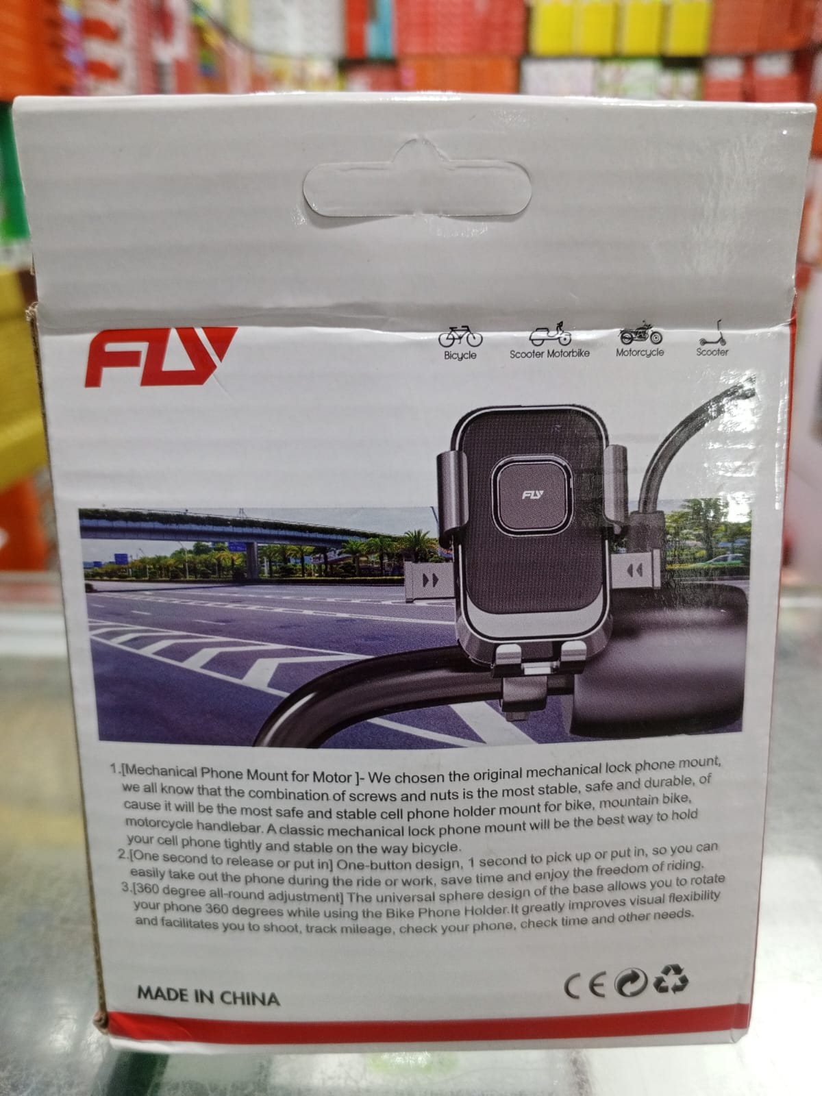 FLY Universal Mechanical Bike & Motorcycle Phone Mount – 360° Adjustable Handlebar Bracket for Bicycles, Scooters & E-Bikes