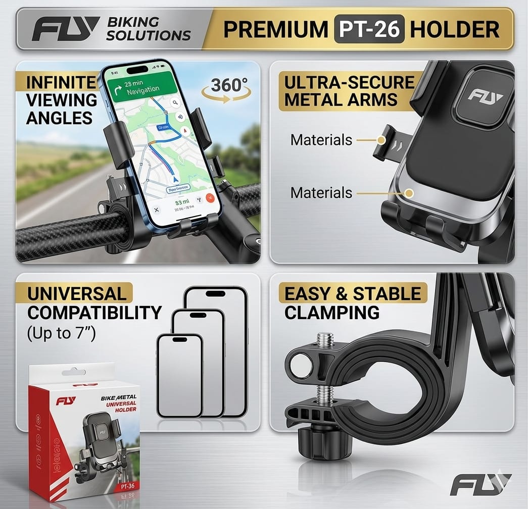 FLY Universal Mechanical Bike & Motorcycle Phone Mount – 360° Adjustable Handlebar Bracket for Bicycles, Scooters & E-Bikes