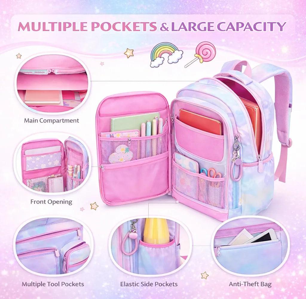 Princess Dream Rainbow School Backpack – Large Capacity Ergonomic Pastel Book Bag for Girls (44×31×13 cm)