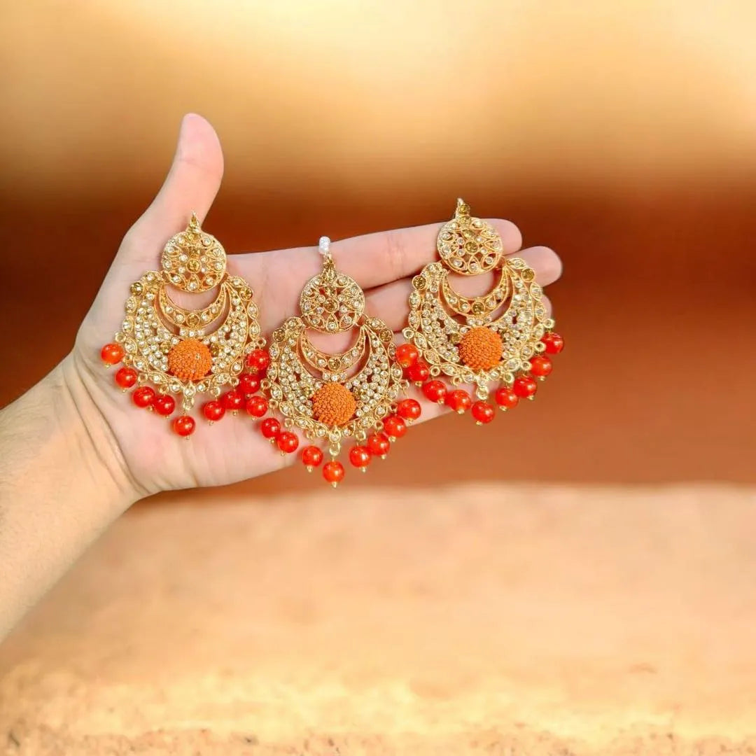 Fancy Gold Plated Crystal Earrings Bindia Set for Pakistani Brides & Partygoers