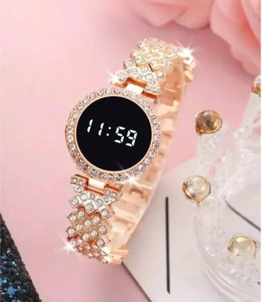 Digital Watch Gold Crystal Chain Strap for Girls