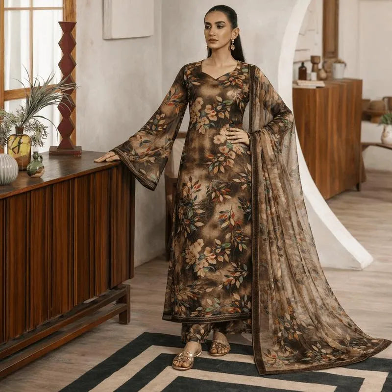 Pakistani Floral Embroidered Gown Suit Brown