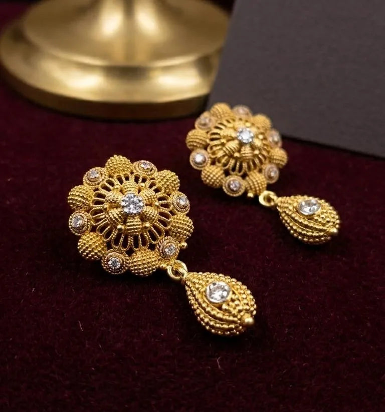 Golden Floral Earrings Gold Plated, Easy Wear