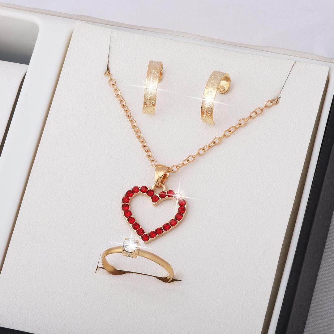 Red Stone Heart Jewelry Set Necklace Ring Earrings Set