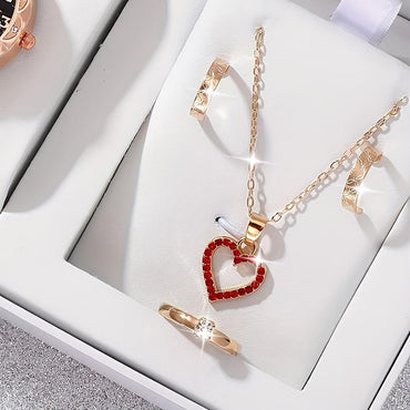 Red Stone Heart Jewelry Set Necklace Ring Earrings Set