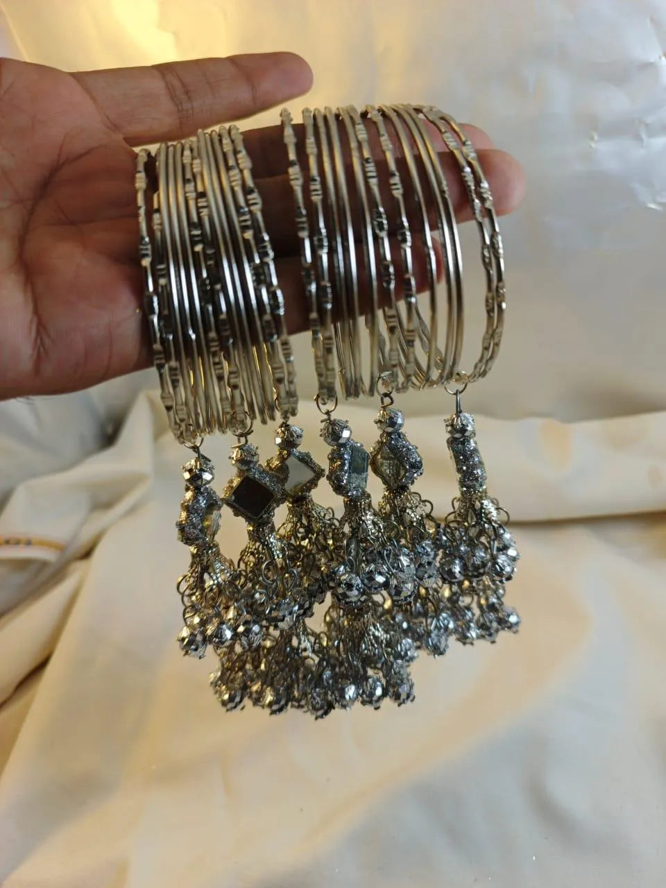 24-Piece Hanging Kara Bangles Silver Mirror Work