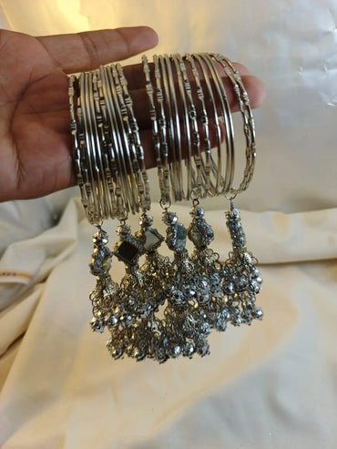 24-Piece Hanging Kara Bangles Silver Mirror Work