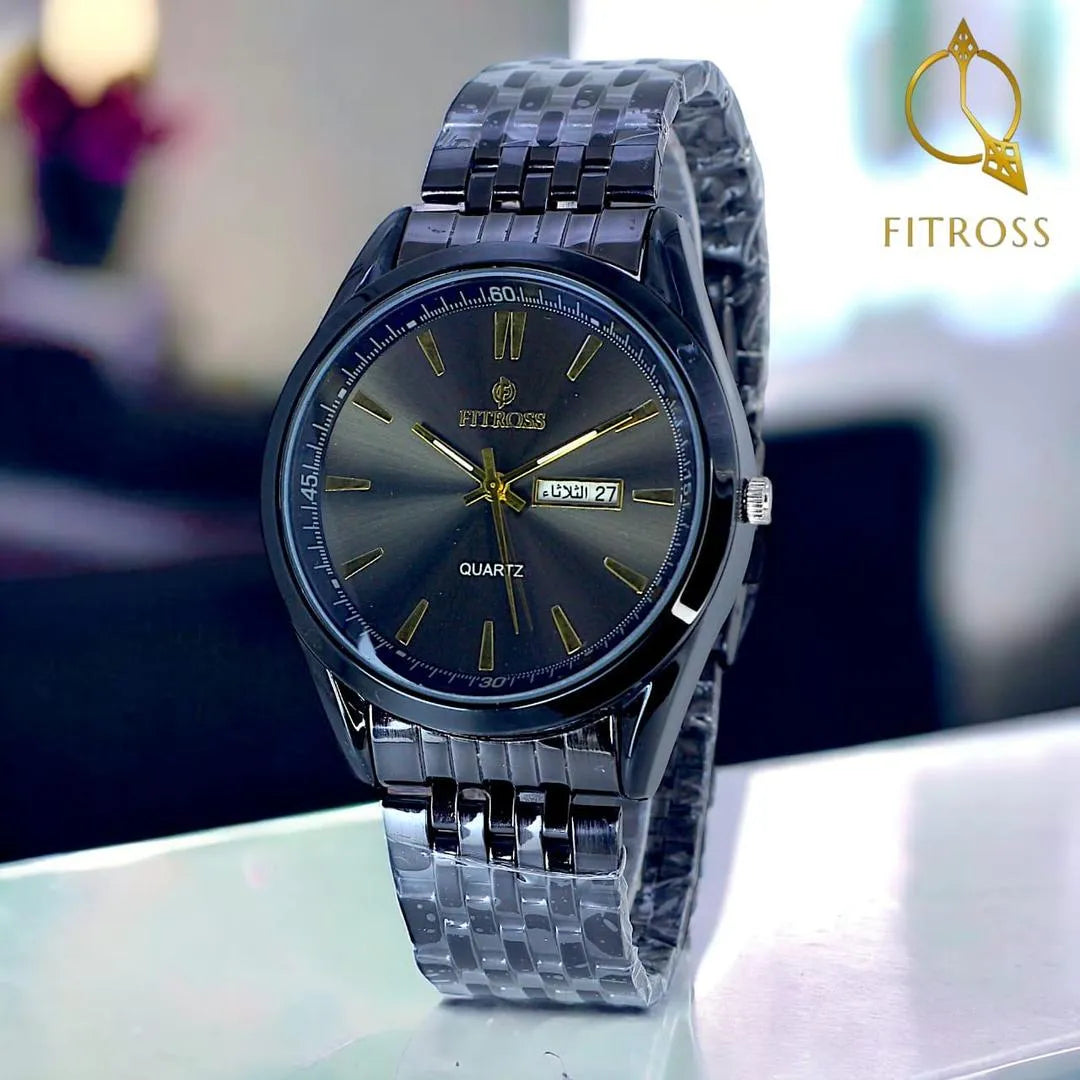 Men's Black Stainless Steel Quartz Watch with Day/Date Function - BLACK