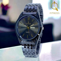Men's Black Stainless Steel Quartz Watch with Day/Date Function - BLACK