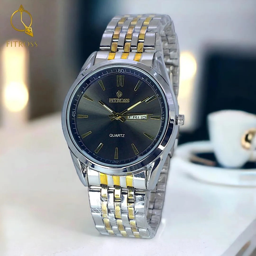 Men's Black Stainless Steel Quartz Watch with Day/Date Function - BLACK