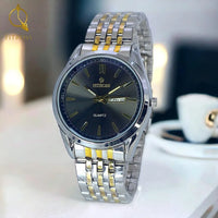 Men's Black Stainless Steel Quartz Watch with Day/Date Function - BLACK