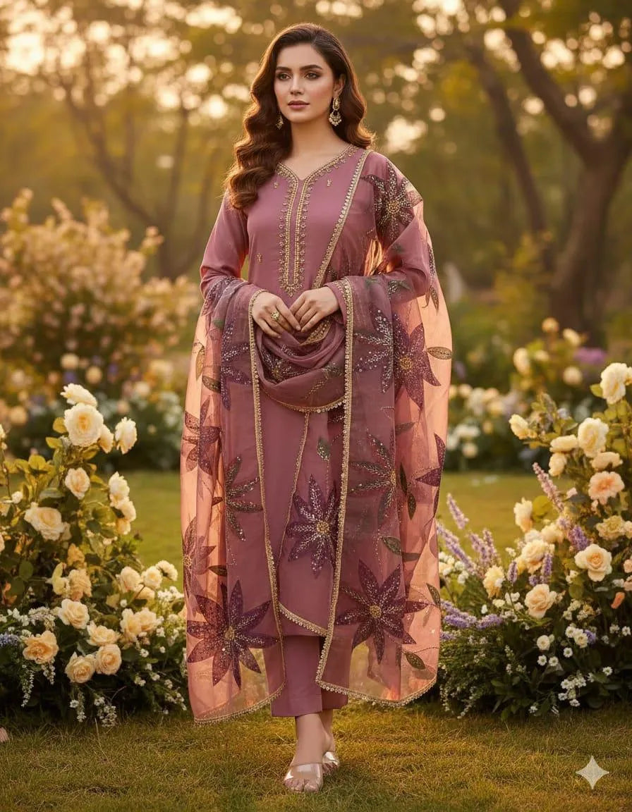 Premium Handmade Organza 3 Piece Suit with Heavy Beads & Stone Work