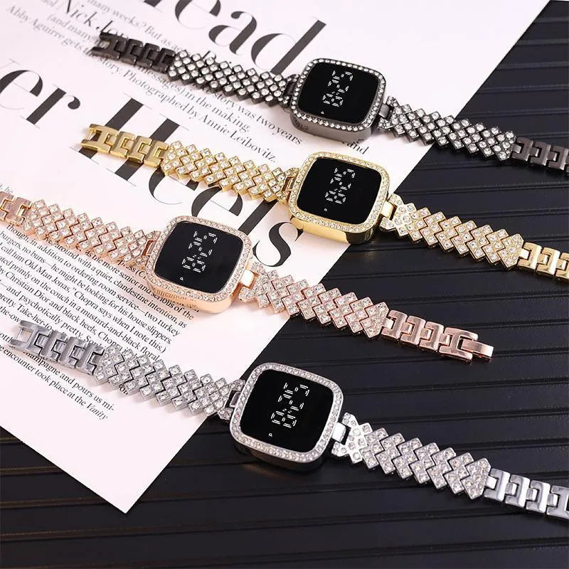 Girls Crystal Watch Square Dial Touch Screen Rhinestone Band