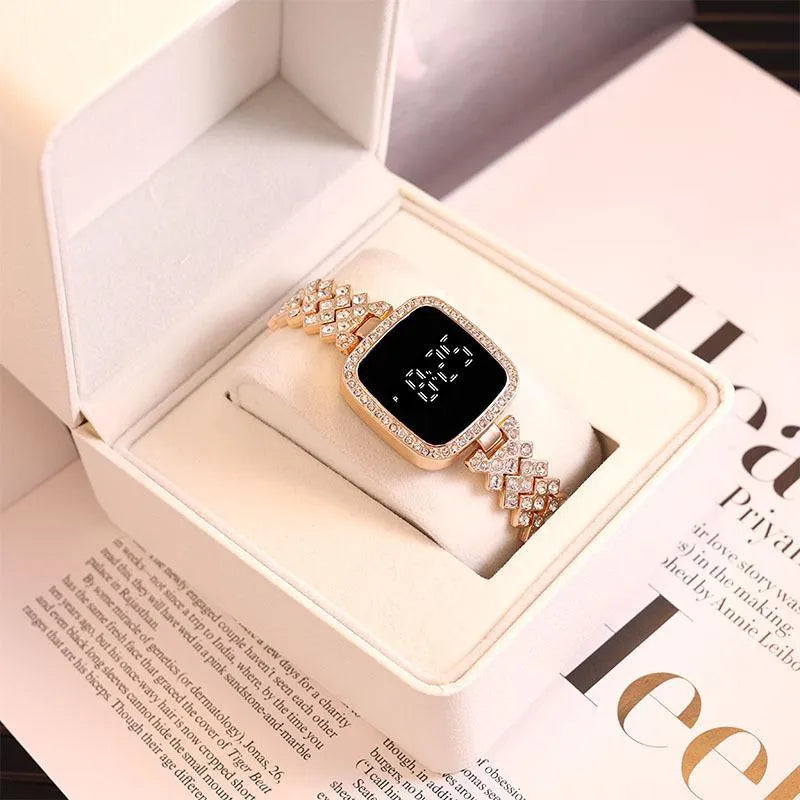 Girls Crystal Watch Square Dial Touch Screen Rhinestone Band