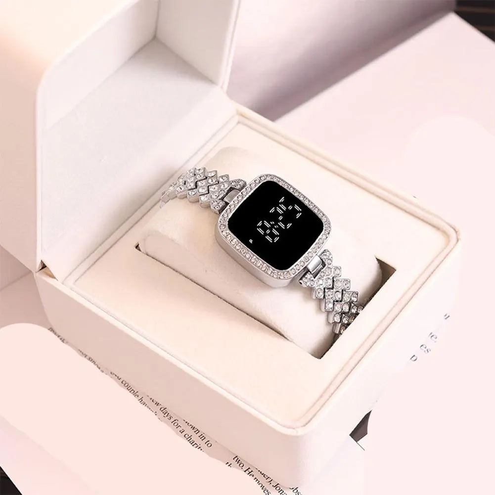 Girls Crystal Watch Square Dial Touch Screen Rhinestone Band