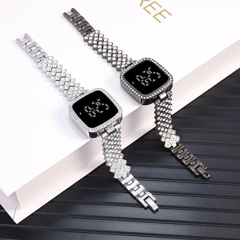 Girls Crystal Watch Square Dial Touch Screen Rhinestone Band