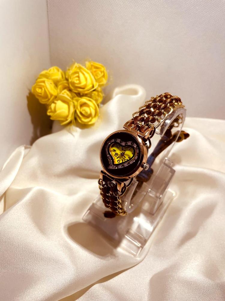 Heart-Shaped Yellow Dial Watch for Girls