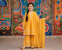 Yellow Embroidered Girl's 3-Piece Lawn Kurta Set