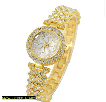Women Golden Beads Chain Strap Watch Stainless Steel Round Dial