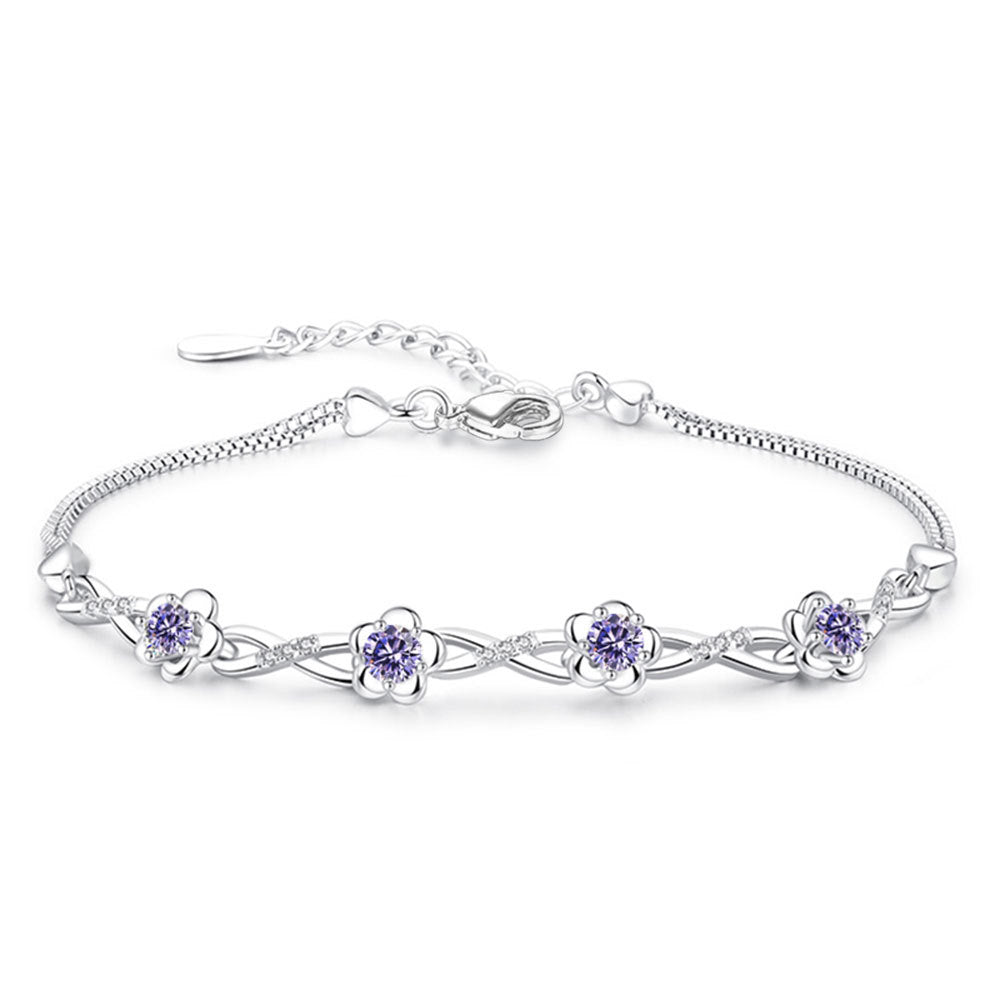 Silver Floral Bracelet with Purple Gemstones for Women