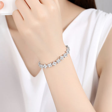 Silver Flower Bracelet for Women with Sparkling Stones