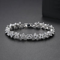 Silver Flower Bracelet for Women with Sparkling Stones